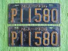 1936 New Jersey License Plate Matched Pair 36 NJ Tag P11580 Plates