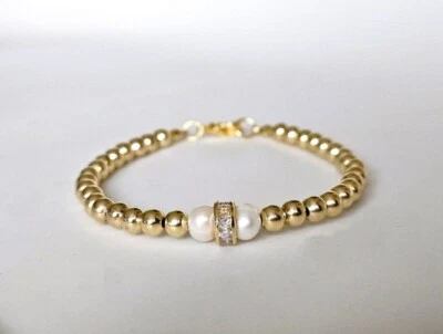 Gold Beaded BRACELET Gold Balls Stackable Bracelet Natural Pearls Gift Jewellery - Изображение 1 из 4