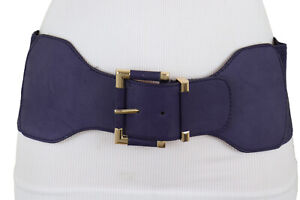 Women Navy Blue Color Elastic Band Belt Hip High Waist Gold Square Buckle S M