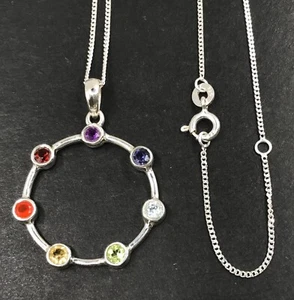 Multistone chakra style round pendant chakra Solid Sterling Silver real gemstone - Picture 1 of 12