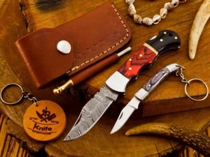 Damascus Steel Folding Blade Pocket Knife Buffalo Horn & Wooden Handle - Picture 1 of 10