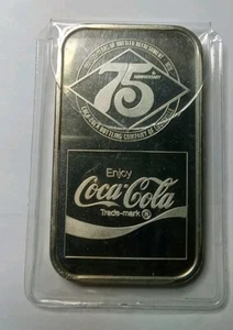 1976 COCA COLA 75TH ANNIVERSARY SHELBYVILLE KY. 1 OZ SILVER ART BAR .999 COKE - Picture 1 of 4