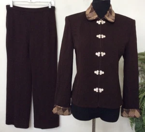 ST. JOHN Evening Knit Rhinestone Sequin Brown 2 Piece Pant Suit Size 8 EUC! - Picture 1 of 10