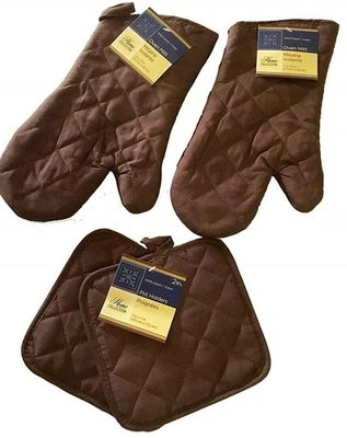 Home Collection Brown Oven Mitt Pot Holder Set Heat Resistant Kitchen Linens - Image 1 of 4