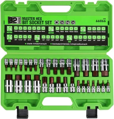 32PC Hex Bit Allen Socket Set SAE & Metric 1/4'' 3/8' 1/2'' Drive Socket Set S2 - Image 1 of 4