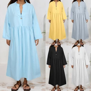 Women Cotton Linen Long Maxi Dress Ladies Casual Loose Kaftan Sundress Plus Size - Picture 1 of 27