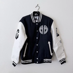 Basketcase Gallery Leather Varsity Jacket Mens S Navy Bee Man - Picture 1 of 7