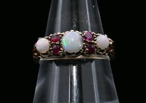 Antiker Goldring feuriger Cabochon Opal & rosa Saphir, Bandgröße O US 7-7,25 - Bild 1 von 8