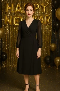 Boden Partykleid schwarz transparente Ärmel True Wickeloptik - Größe 2A - Bild 1 von 8