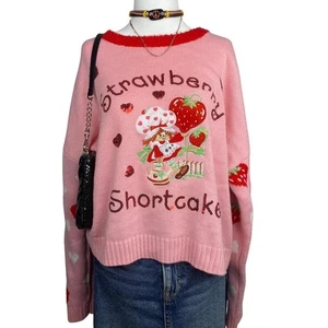 Strawberry Shortcake Sweater Women's XL Pink Graphic Hearts Kawaii Y2K - Picture 1 of 7