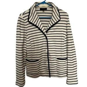 Talbots Blazer Women's Large Cardigan Jacket Striped Long Sleeve Cream Navy Blue - Picture 1 of 4