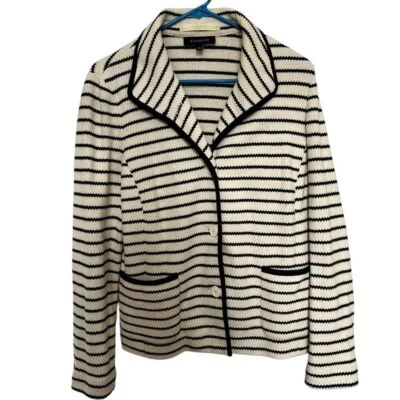 Talbots Blazer Women's Large Cardigan Jacket Striped Long Sleeve Cream Navy Blue - Image 1 of 4