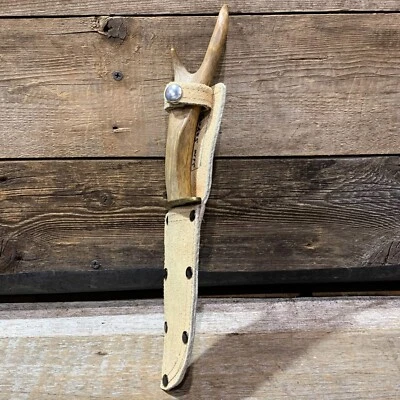 Mango de asta personalizado, cuchillo de hoja fija, con funda de cuero de gamuza Foto 1 de 4