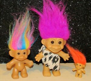 3 Vintage LOT Russ Troll Dolls CAVEMAN, RAINBOW TROLL MIXED SIZES EUC