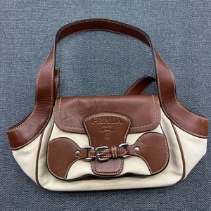 Prada Two Tone Leather Canvas Shoulder Bag Brown Beige Magnetic Closure Buckle - Picture 1 of 19