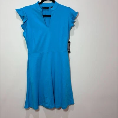 NY & Co Women Teal Blue Midi Dress M Jersey Knit Pocket Fit Flare Preppy NWT - Image 1 of 4