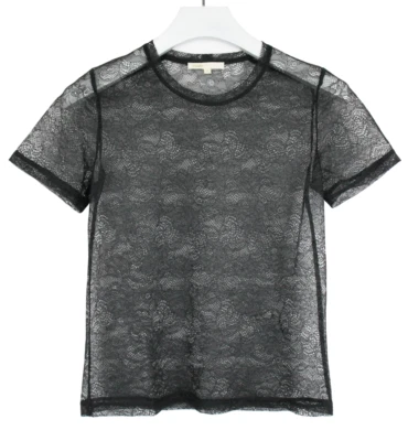 Blouse MAJE Femme Petite Manches Courtes En Dentelle Brodée Transparente Noire - Photo 1/4