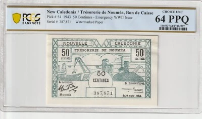 New Caledonia 1943 50 Centimes Certified PCGS Banknote UNC 64 PPQ Pick 54 - Image 1 of 2