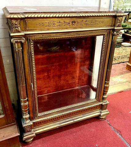 Antique French Gold Gilt Marble Top Vitrine Glass Door and Sides Display Shelves Cover