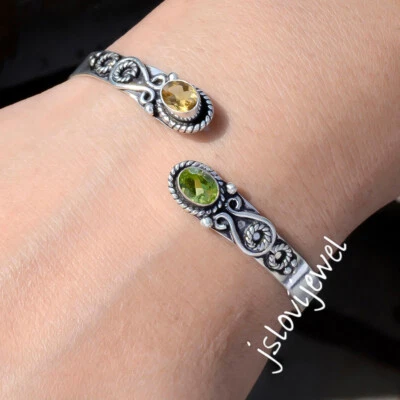 Citrine Topaz, Peridot Cut Gemstone Cuff 925 Sterling Silver Beauty Gift Bangle - Image 1 of 4