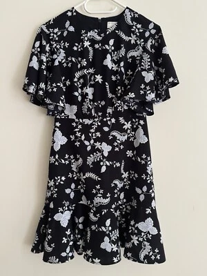 Witchery Dress Navy Blue Size 6 Knee Length Soft Ruffle Leaf Print - image 1 of 4