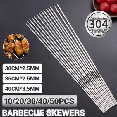 10-50X Reusable Stainless Steel Flat Skewers Metal Grill Roast Kebab Sticks BBQ - Image 1 of 4