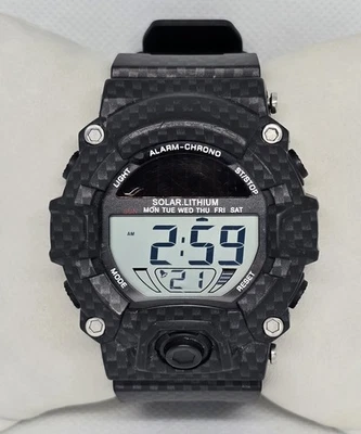 Reloj Hombre Big Bold Face Digital Alarma Cron Negro Patrón Carbono Resina Banda 08 Foto 1 de 4