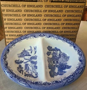 Vtg Churchill Of England Blue Willow Divided Oval Vegetable Serving Dish Bowl - Picture 1 of 14