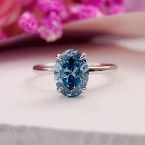5.20 CT Fancy Blue Vivid Lab Grown Hidden Halo 14k White Gold Diamond Ring - Picture 1 of 11