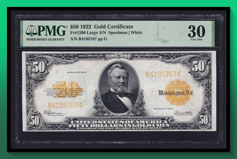 Fr. 1200 1922 $50 GOLD CERTIFICATE PMG 30 VF Cover