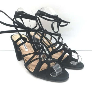 Manolo Blahnik Jena Lace-Up Sandals Black Suede Size 39 Open Toe Heels - Picture 1 of 10