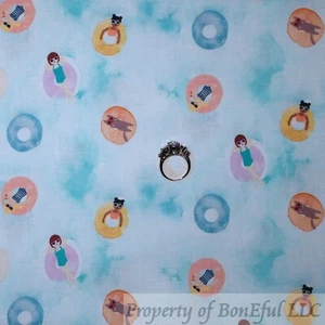 BonEful Fabric Cotton Quilt Blue White Water Swim Girl Donut Cat Print NEW SCRAP - Picture 1 of 11