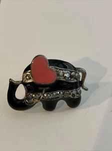 Elephant Adjustable Ring Black Enamel and Clear Rhinestone with Pink Heart Ear - Picture 1 of 4