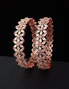 Indian Bollywood Style Rose Gold Plated CZ Bangles Bridal Bracelet Jewelry Set - Picture 1 of 7
