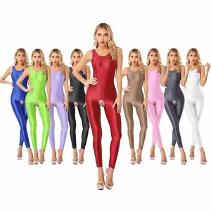 Damen Glänzend Bodysuit Sexy Glatt Ärmellos Jumpsuit Offener Schritt Ganzanzug - Bild 1 von 114