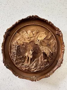 Vintage 3D Carved Wood Look Wall Plaque Swiss French Alps Chamois Deer Chalet - Picture 1 of 9