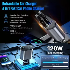 Cargador rápido de coche retráctil 4 en 1 compatible 120 W, carga rápida de teléfono móvil de coche - Imagen 1 de 11