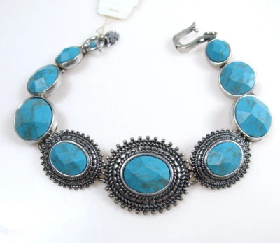 Brazalete de eslabones tono plata piedra turquesa bazar gema marca Lucky NUEVO Foto 1 de 4