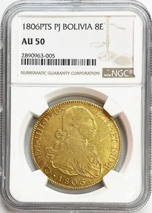 1806 PTS PJ GOLD BOLIVIA 8 ESCUDOS KEY DATE CHARLES IV POTOSI MINT NGC AU 50 - Picture 1 of 2