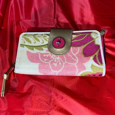 Spartina 449 Tan And Pink Floral Zippered Wallet Wristlet Beach Island Tropical - Image 1 of 4