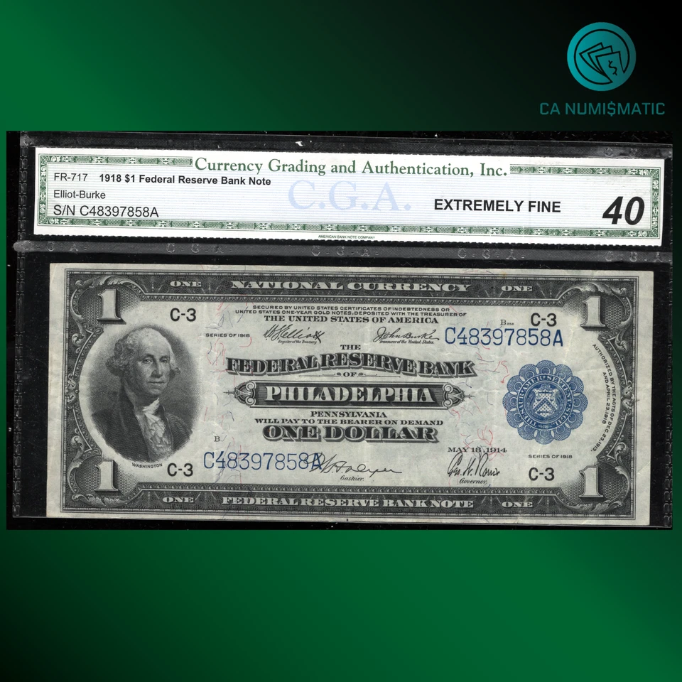 FR.717 1918 $1 Federal Reserve Note Philadelphia "GREEN EAGLE" CGA 40, 97858 - Image 1 of 2