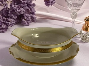 Bracelet By Syracuse Gold Rim Old Ivory Gravy Boat Attached Plate - Picture 1 of 24