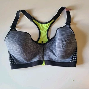 Neu Maidenform Sport BH Damen Gr. 36D grau schwarz neon Racerback Reißverschluss vorne - Bild 1 von 3