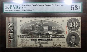 1863 $10 Confederate States Of America Currency T-59 CR439 R3 PMG 53 EPQ - Picture 1 of 2