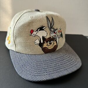 Vintage Looney Tunes Hat Cap Snap Back Tan Taz Bugs Bunny Sylvester Tweety 1995