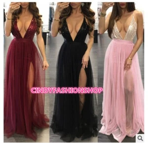 New Women Sexy Strap Deep V Neck Backless Sleeveless Net Yarn Patchwork Sequined - Picture 1 of 11