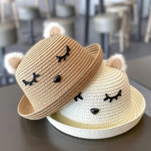 Baby Girl Cute Cat Ears Straw Hat Summer Holiday Beach Sun Hat for 1-3 Yrs Kids - Picture 1 of 15