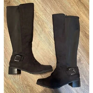 LAURA ASHLEY Amherst Knee Riding Boots Black Faux Suede Side Zip Buckle Size 8M - Picture 1 of 8