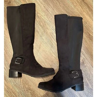 LAURA ASHLEY Amherst Knee Riding Boots Black Faux Suede Side Zip Buckle Size 8M - Image 1 of 4