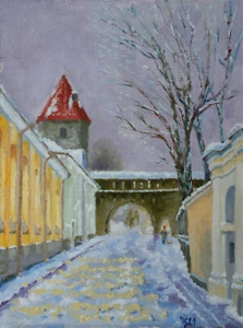 Cityscape Tallinn Winter Street Original Oil Painting Canvas Board 12x16 YSArt - Picture 1 of 2